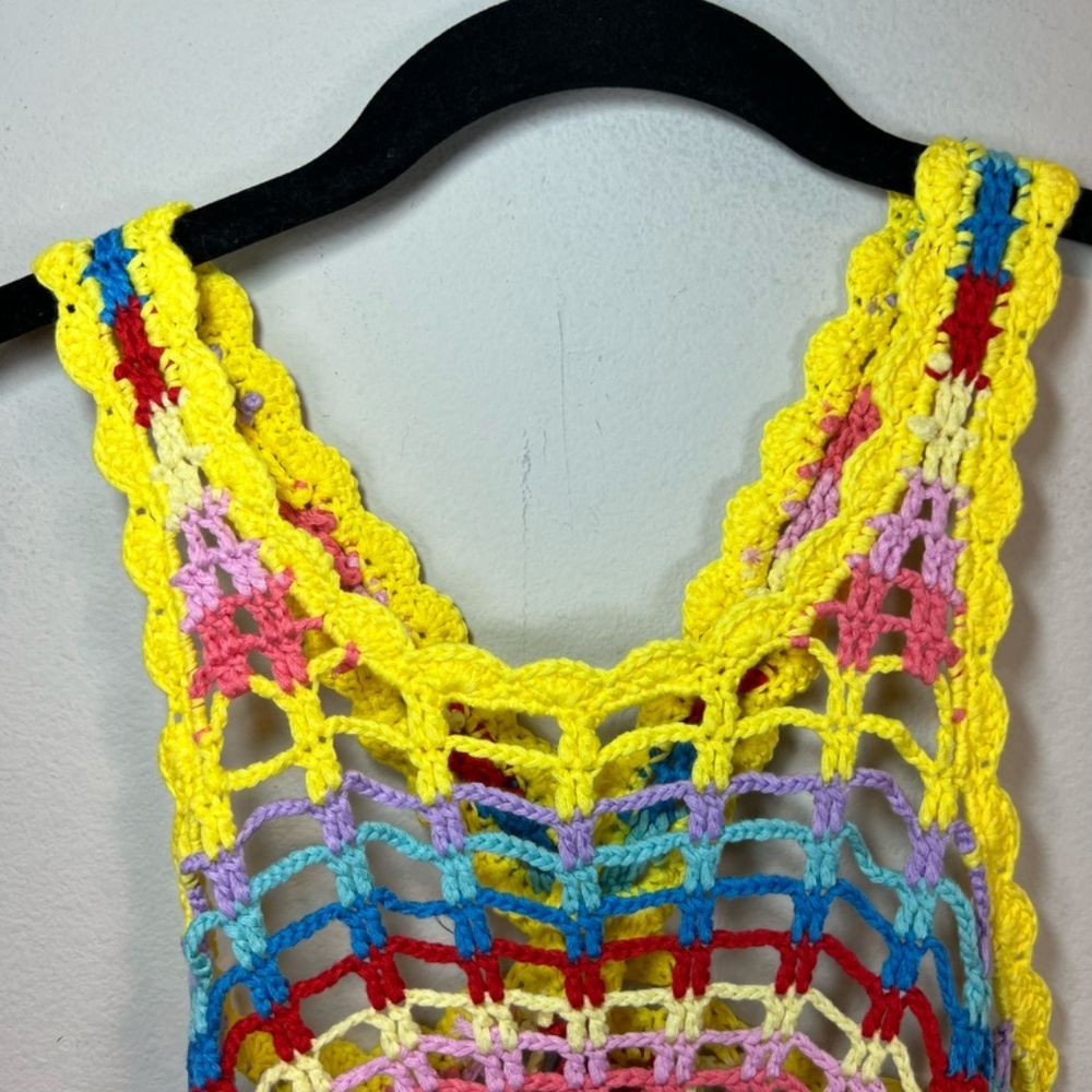 Boho Hippie Crochet Tank Top Multicolor Scalloped Hem Festival Summer Size Small - Picture 2 of 11